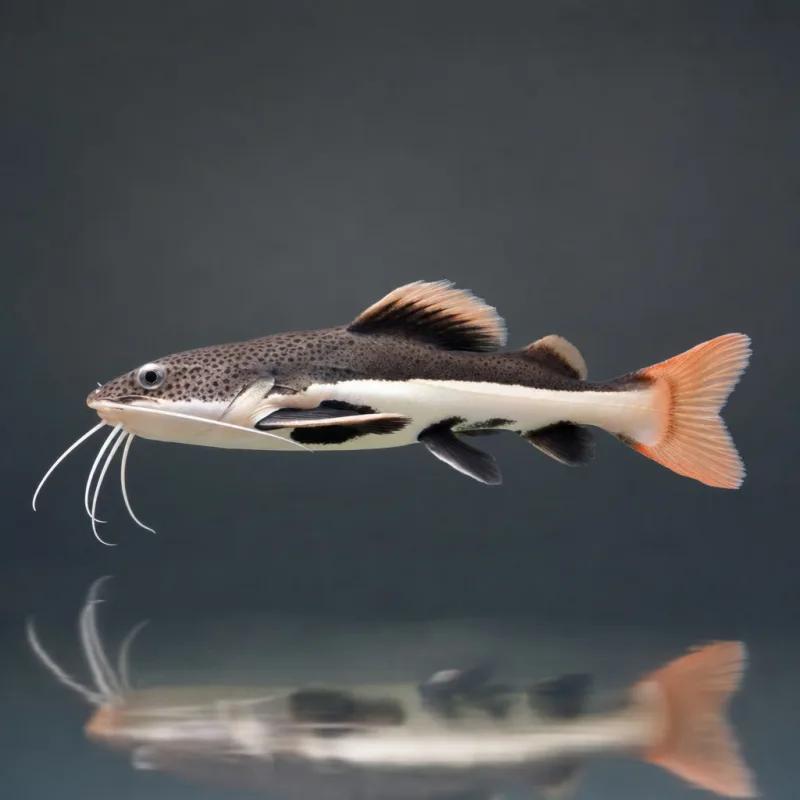 A black redtail catfish juvenile in side view